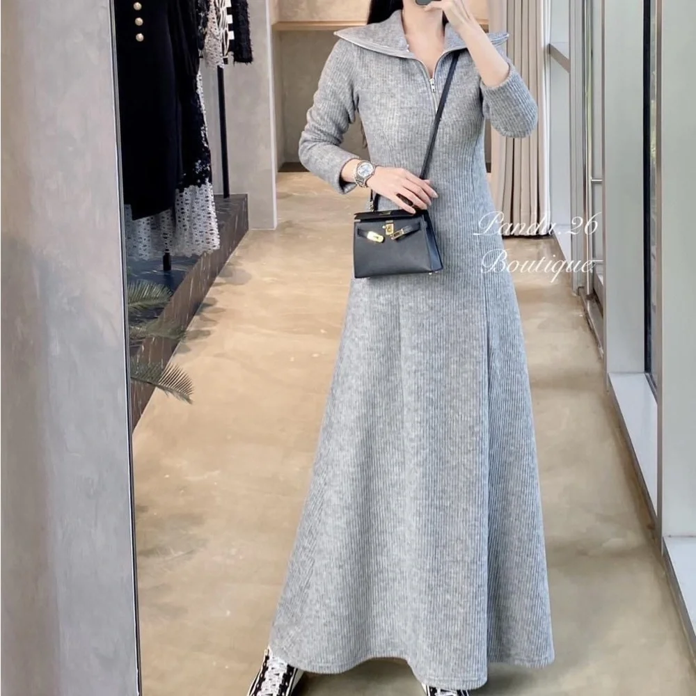 SALE! 🇰🇷 Korean Designer Grey Cotton Zip Long Sleeves Dress - Picture 1 of 3